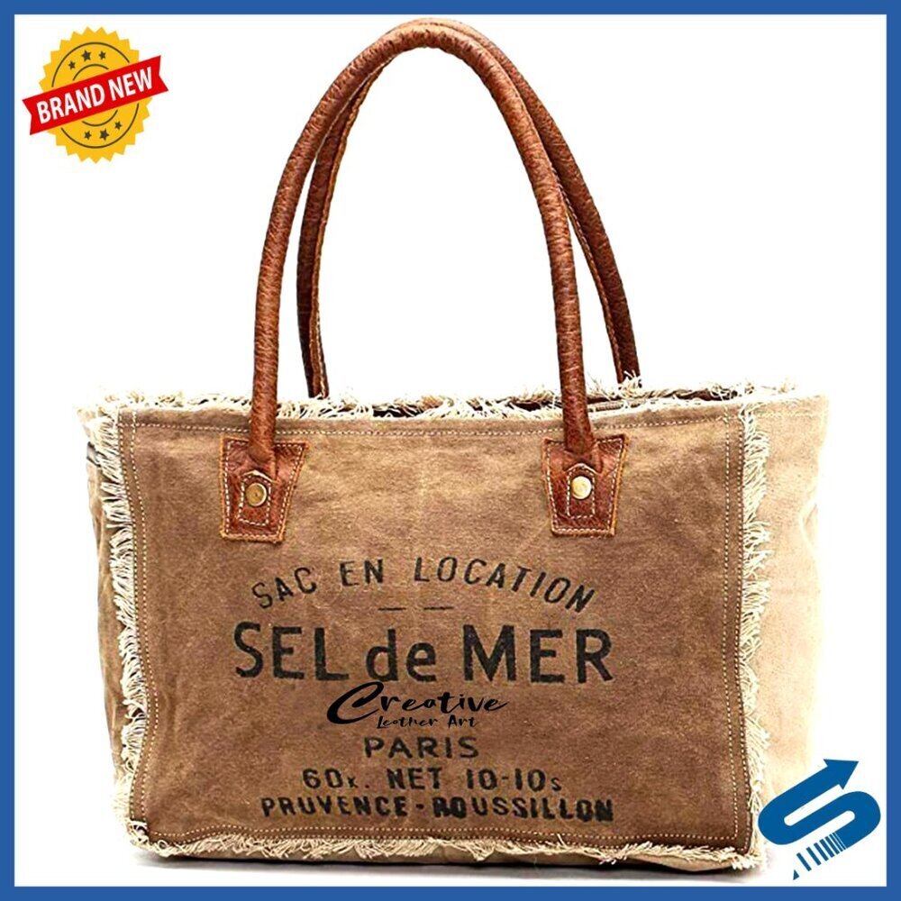 Canvas Tote Bag with Leather Handles Boho Chic Everyday Purse Spacious